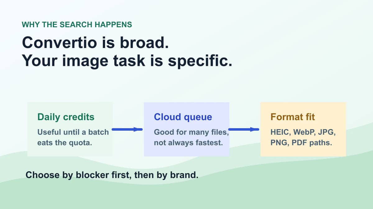Convertio alternatives decision graphic based on credits, queue and image format fit