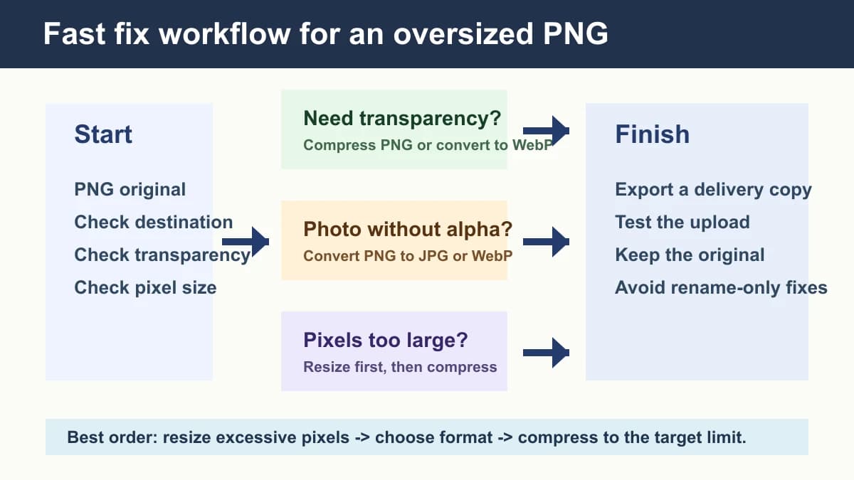 Fast fix workflow for an oversized PNG with resize convert compress and delivery copy steps